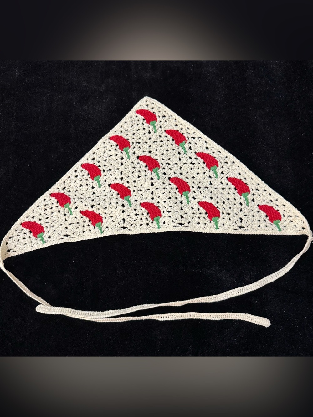 Crochet Chili Pepper Hair Scarf Bandana OS Cream Red Boho Cottagecore Hippie